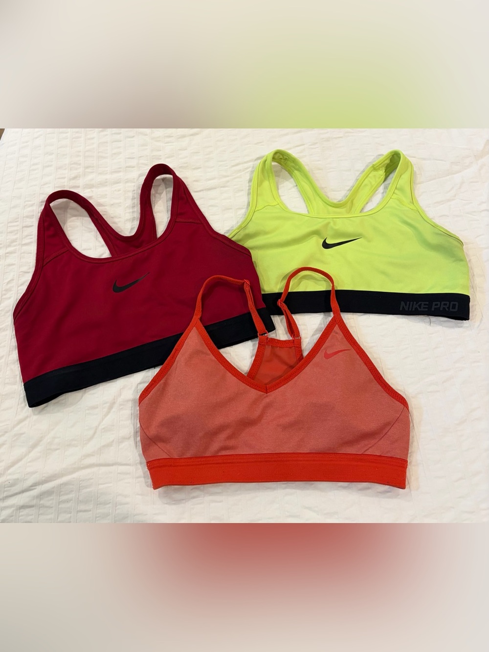 Nike Women's Sports Bra Trio - Neon Lime, Burgundy, Coral Orange